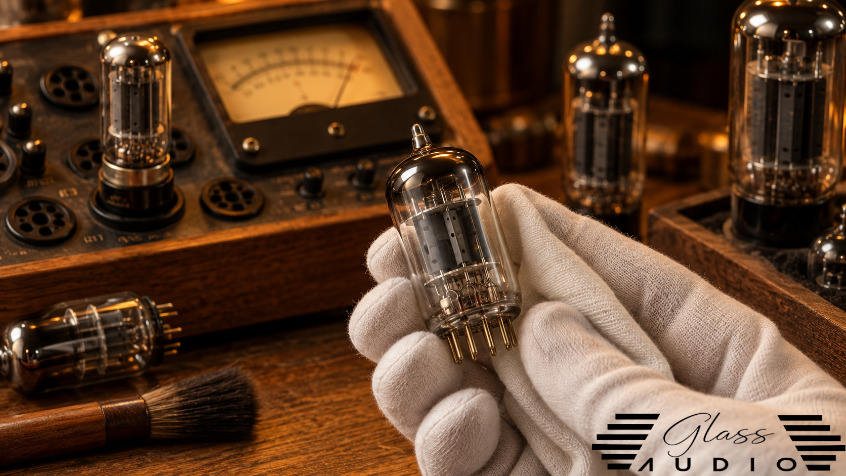 Glowing vacuum tubes beside a black valve amplifier